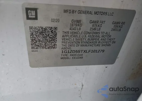 2020 Chevrolet Malibu Fwd Lt z USA, uszkodzony, nr VIN 1G1ZD5STXLF101279